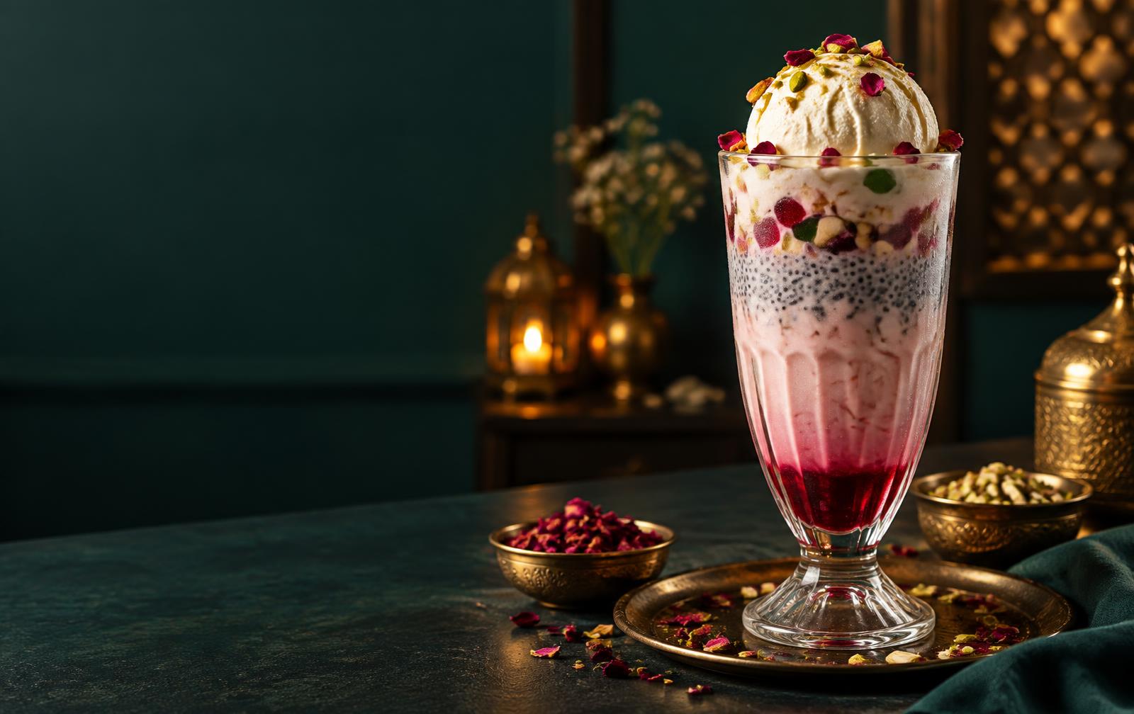 Layered royal falooda with ice cream, rose, nuts and basil seeds