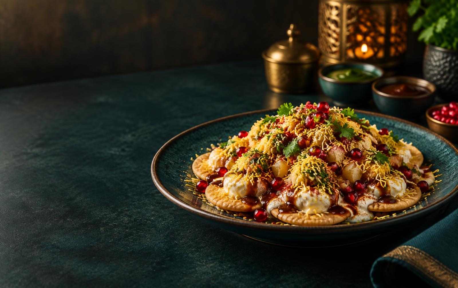 Colourful Mumbai Chowpati chaat with yoghurt, chutneys and sev