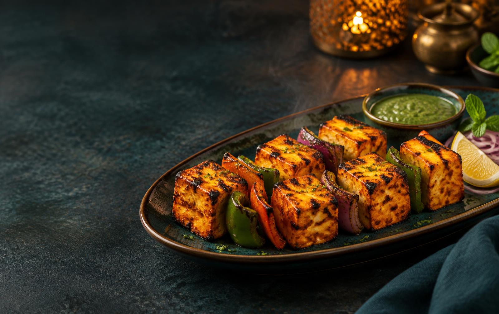 Smoky tandoori paneer tikka with grilled vegetables and mint chutney