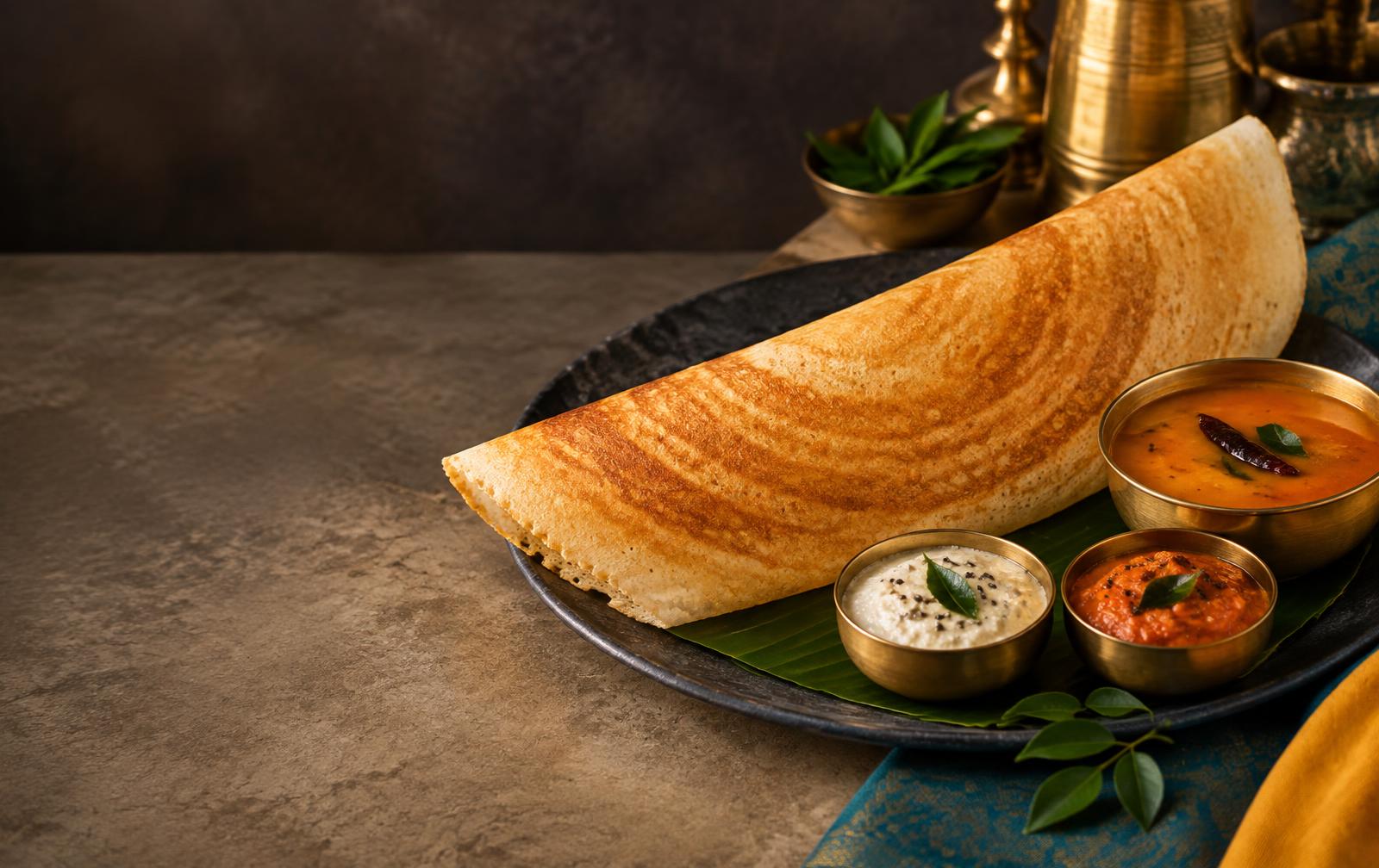 Crisp masala dosa with chutneys and sambar